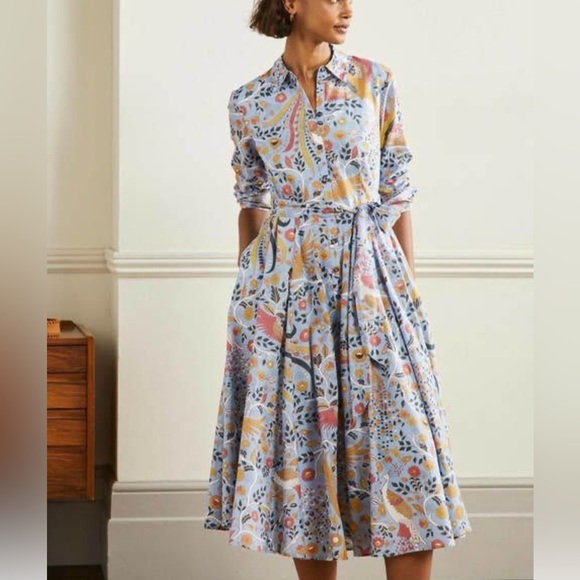BODEN "Kitty" Cottage Garden Party Birds/Floral Full Skirt Cotton Shirtdress 10P - Picture 2 of 16